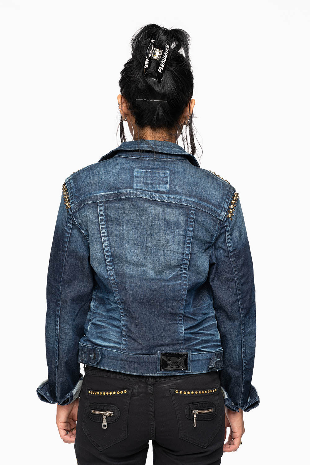 ROBIN'S JEAN DENIM JACKET IN LIBERTY DARK WASH WITH GOLD STUDS AND CRYSTALS