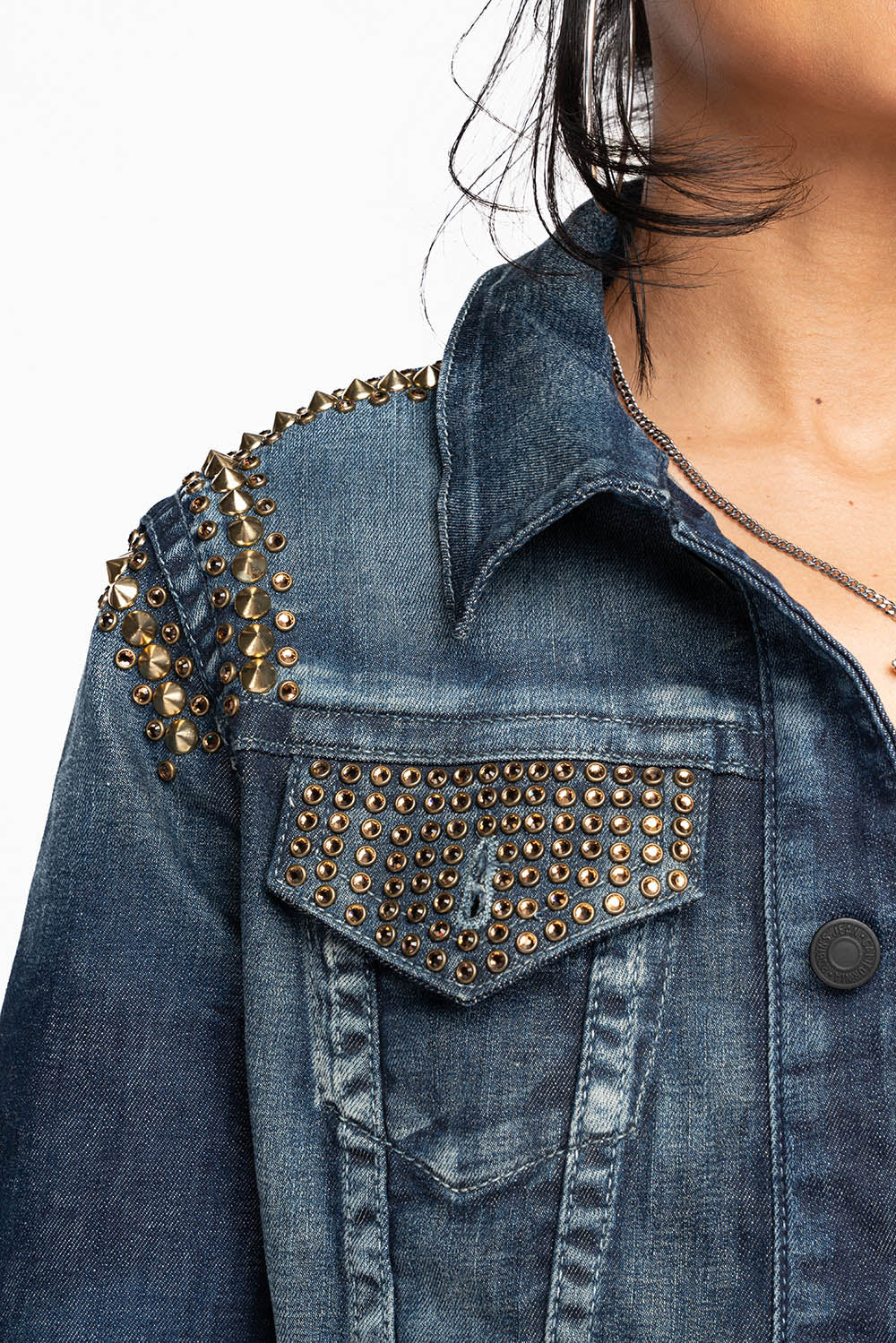 ROBIN'S JEAN DENIM JACKET IN LIBERTY DARK WASH WITH GOLD STUDS AND CRYSTALS