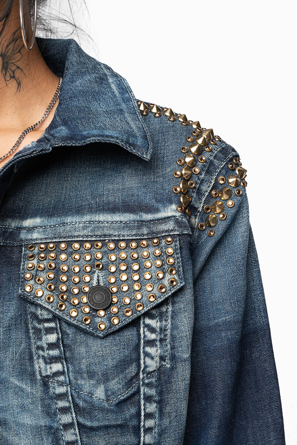 ROBIN'S JEAN DENIM JACKET IN LIBERTY DARK WASH WITH GOLD STUDS AND CRYSTALS