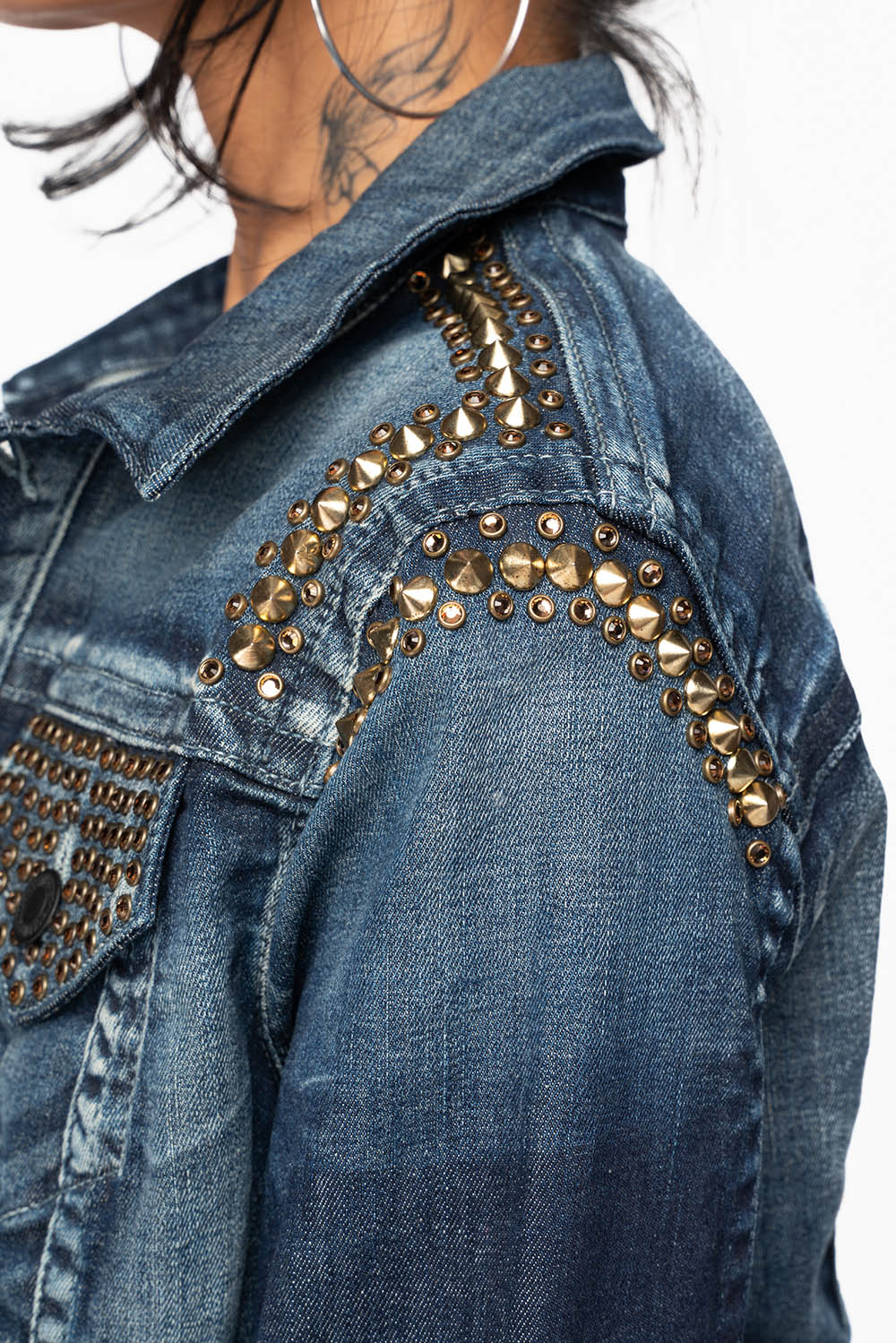 ROBIN'S JEAN DENIM JACKET IN LIBERTY DARK WASH WITH GOLD STUDS AND CRYSTALS