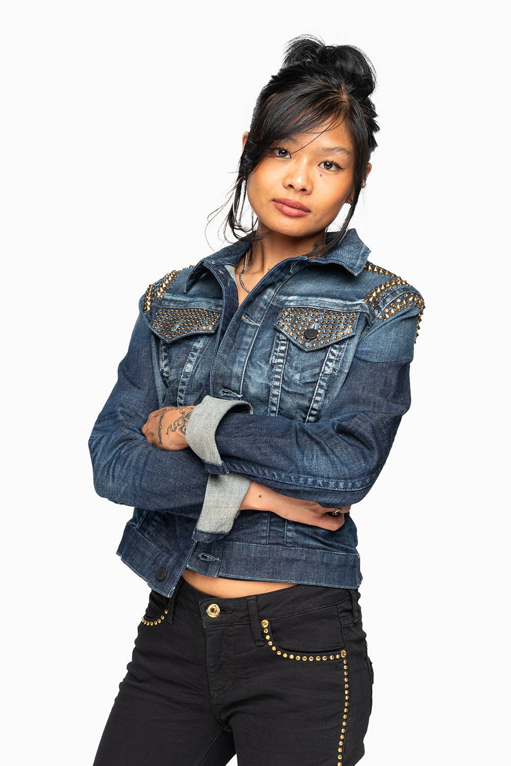 ROBIN'S JEAN DENIM JACKET IN LIBERTY DARK WASH WITH GOLD STUDS AND CRYSTALS