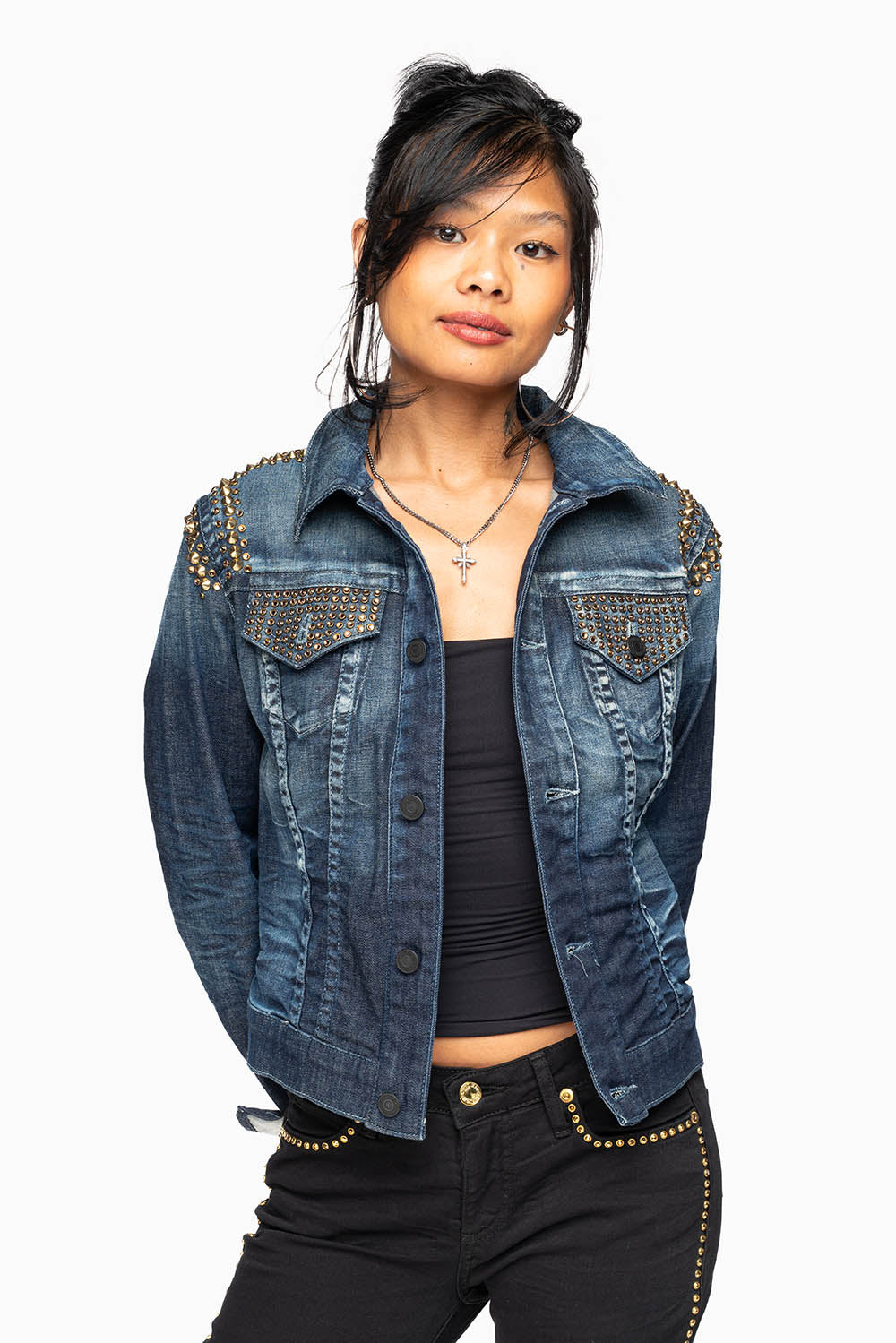 ROBIN'S JEAN DENIM JACKET IN LIBERTY DARK WASH WITH GOLD STUDS AND CRYSTALS