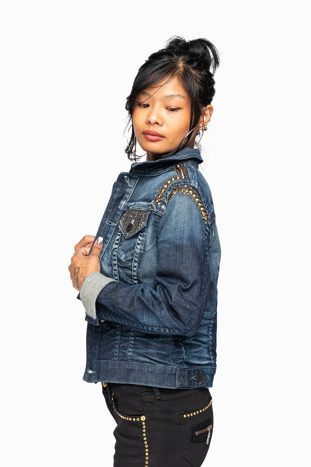 ROBIN'S JEAN DENIM JACKET IN LIBERTY DARK WASH WITH GOLD STUDS AND CRYSTALS