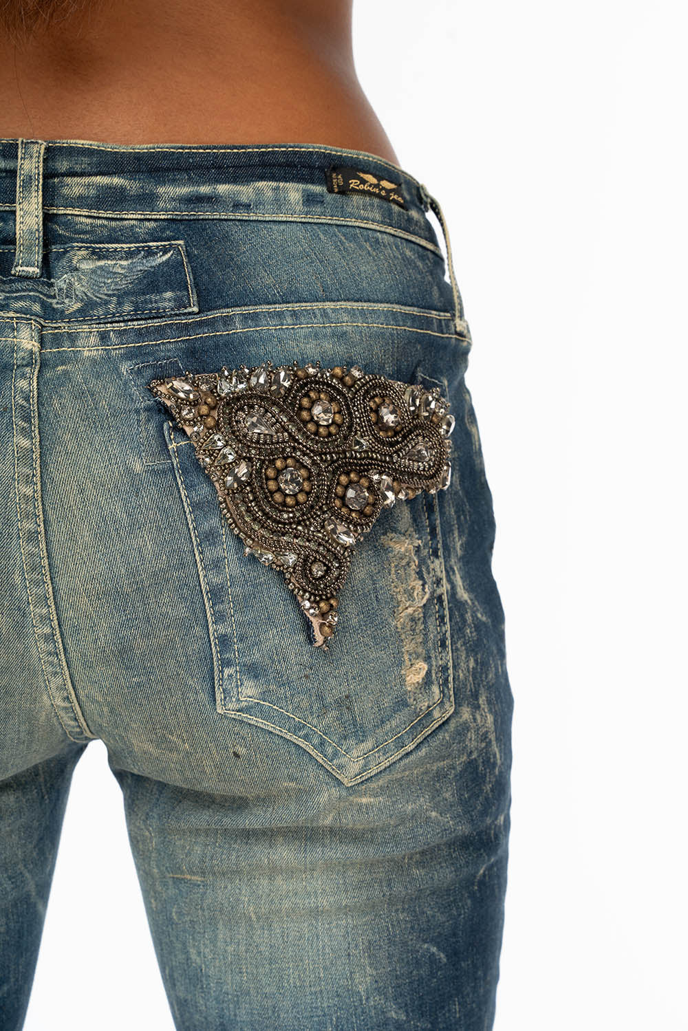 WOMENS RIPPED MID RISE SKINNY JEANS IN 4D DARK BROKEN WASH WITH  CRYSTAL EMBELLISHMENT