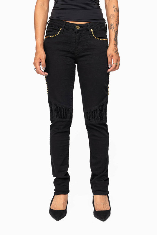 ROBIN'S BIKER WOMENS JEANS IN PURE BLACK EMBELLISHED WITH  GOLD CRYSTALS
