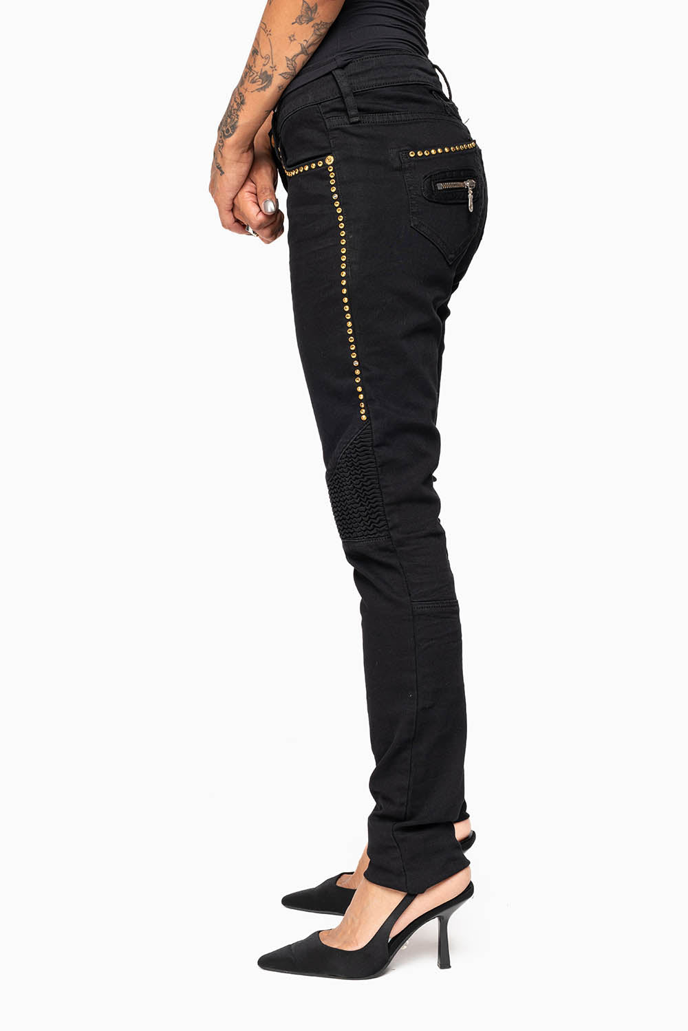ROBIN'S BIKER WOMENS JEANS IN PURE BLACK EMBELLISHED WITH  GOLD CRYSTALS