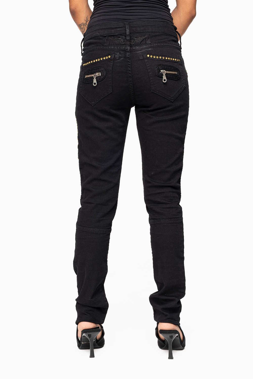 ROBIN'S BIKER WOMENS JEANS IN PURE BLACK EMBELLISHED WITH  GOLD CRYSTALS