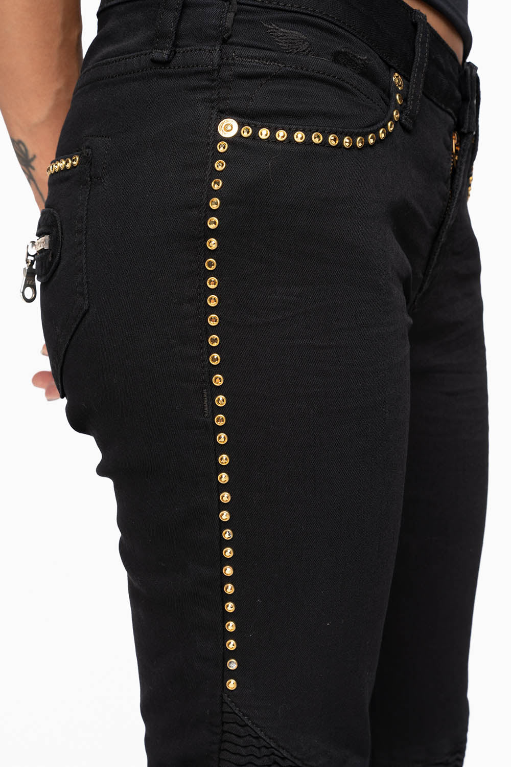 ROBIN'S BIKER WOMENS JEANS IN PURE BLACK EMBELLISHED WITH  GOLD CRYSTALS