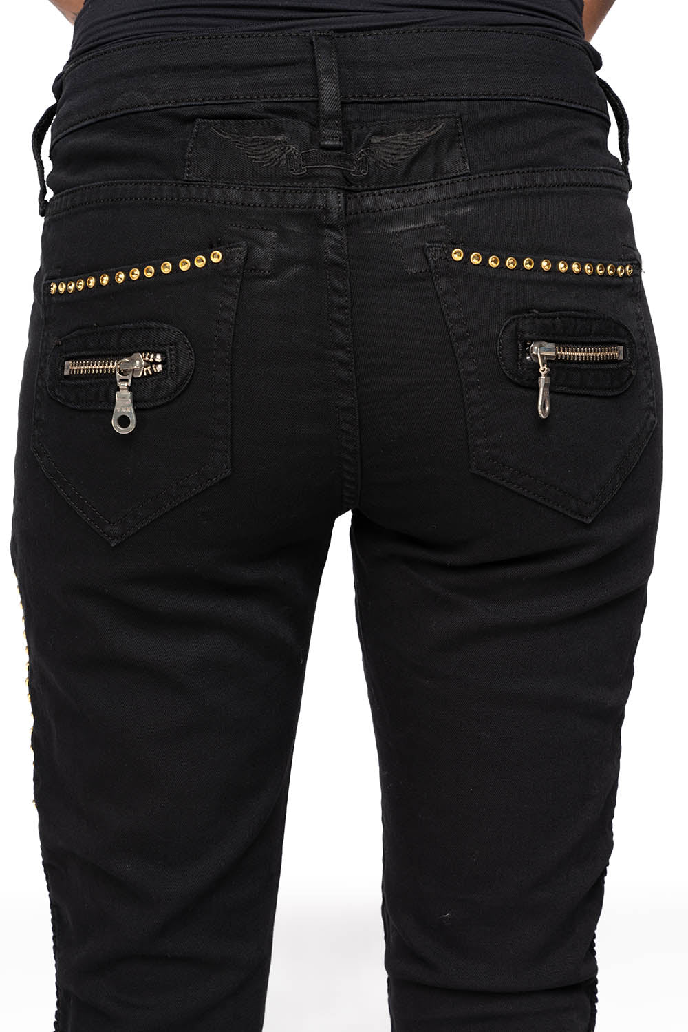 ROBIN'S BIKER WOMENS JEANS IN PURE BLACK EMBELLISHED WITH  GOLD CRYSTALS