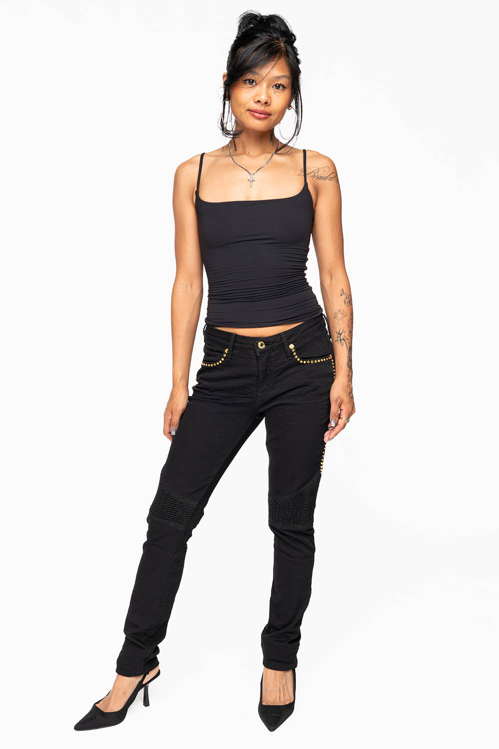 ROBIN'S BIKER WOMENS JEANS IN PURE BLACK EMBELLISHED WITH  GOLD CRYSTALS