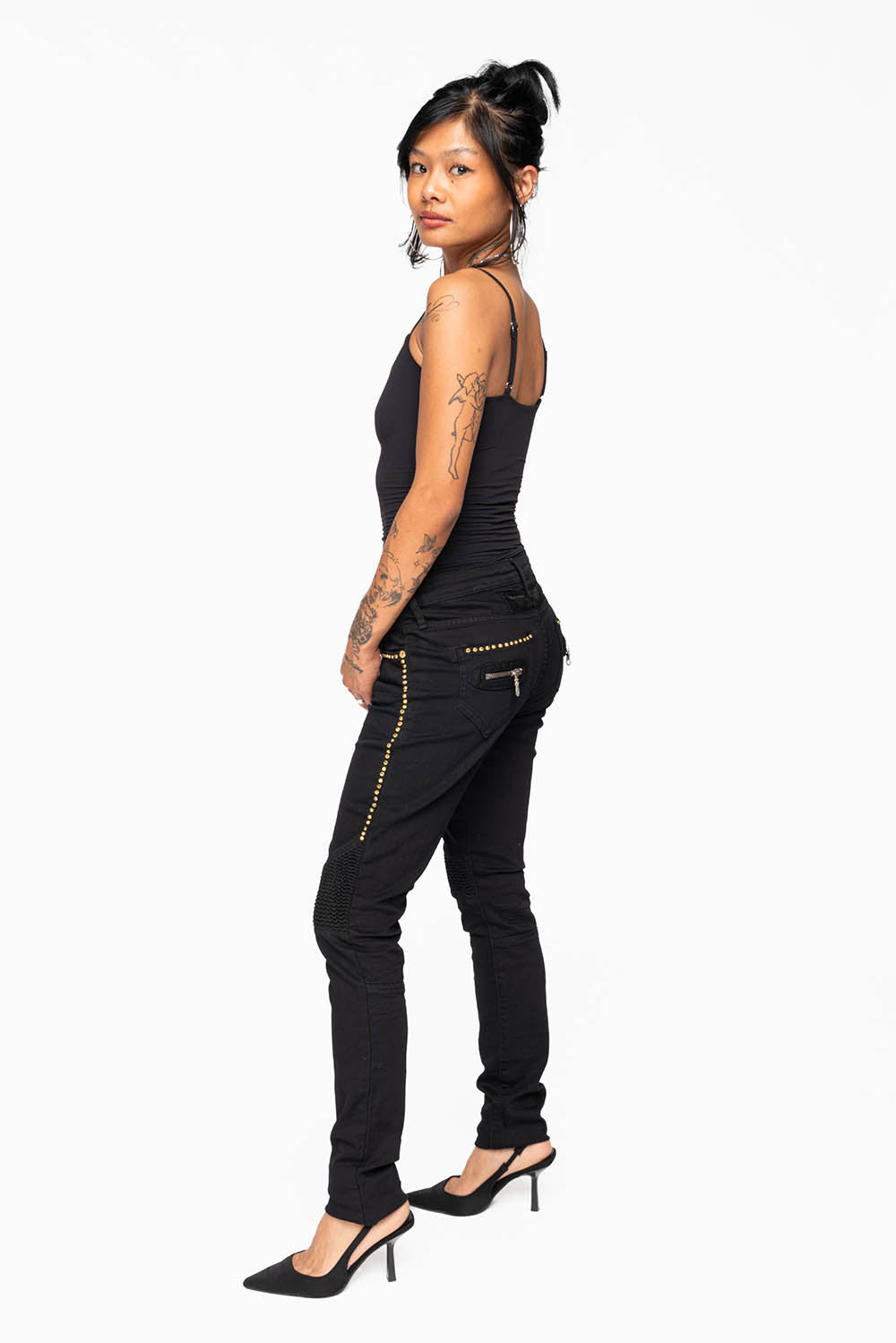 ROBIN'S BIKER WOMENS JEANS IN PURE BLACK EMBELLISHED WITH  GOLD CRYSTALS