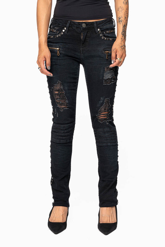 ROBIN'S BIKER WOMENS JEANS IN BROKEN EBONY BLACK EMBELLISHED WITH STUDS AND CRYSTALS