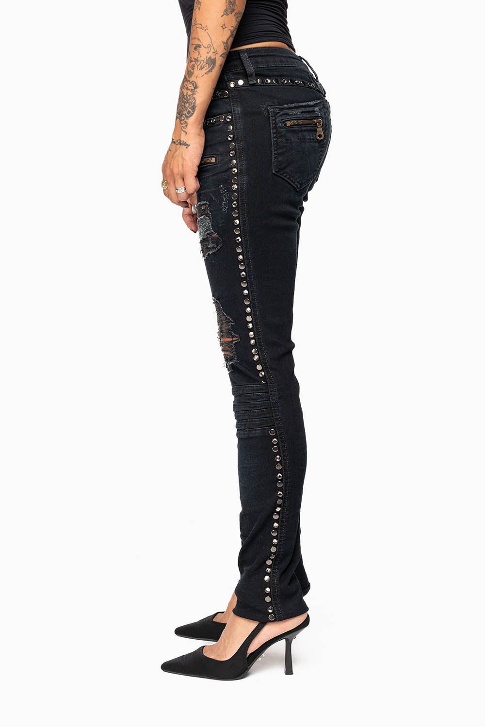 ROBIN'S BIKER WOMENS JEANS IN BROKEN EBONY BLACK EMBELLISHED WITH STUDS AND CRYSTALS