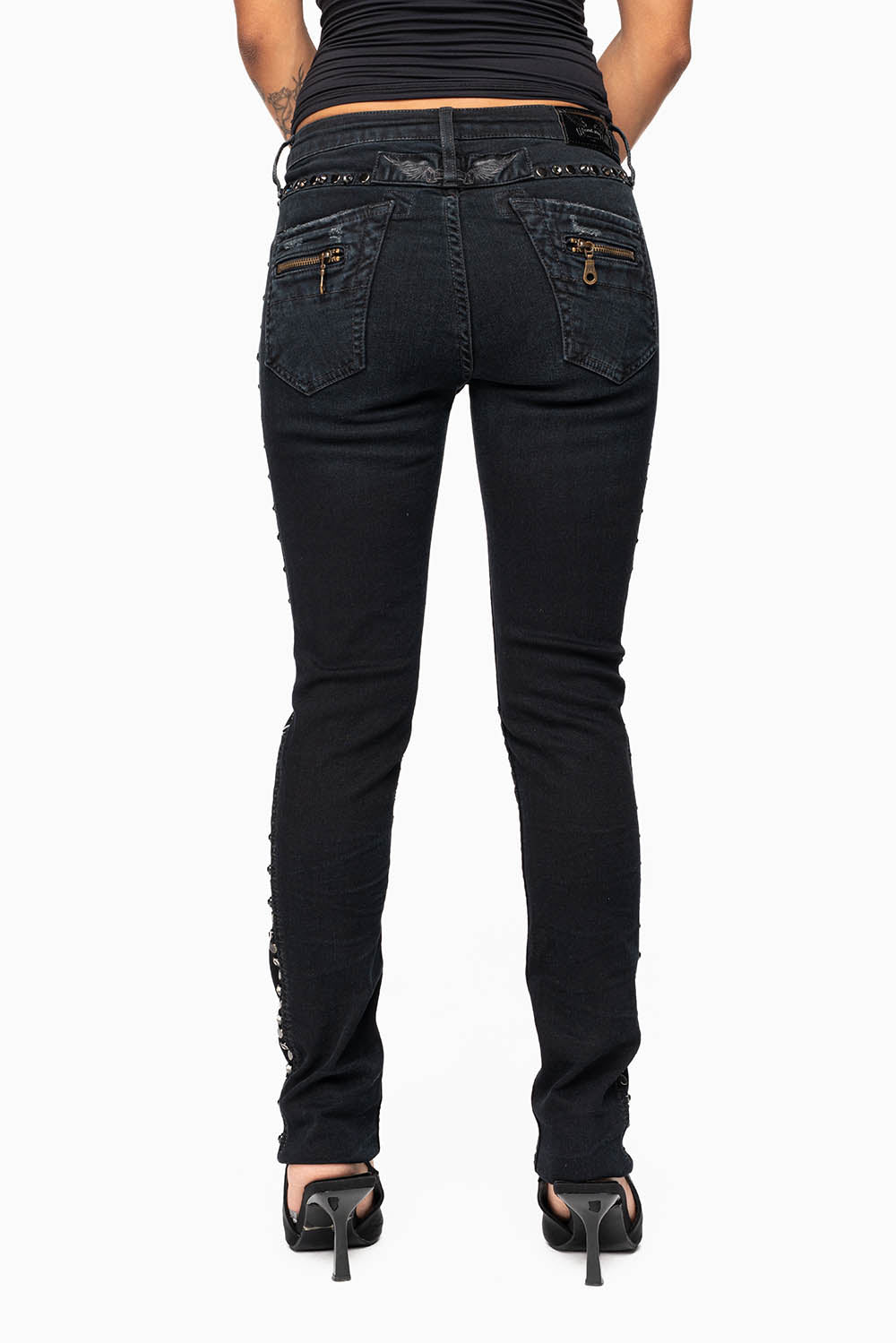 ROBIN'S BIKER WOMENS JEANS IN BROKEN EBONY BLACK EMBELLISHED WITH STUDS AND CRYSTALS