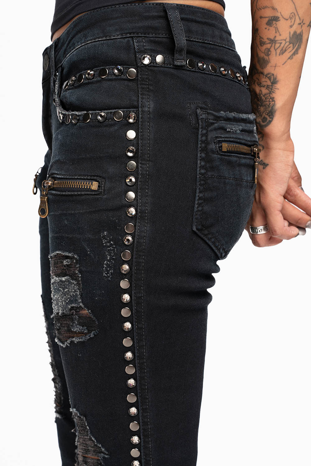 ROBIN'S BIKER WOMENS JEANS IN BROKEN EBONY BLACK EMBELLISHED WITH STUDS AND CRYSTALS