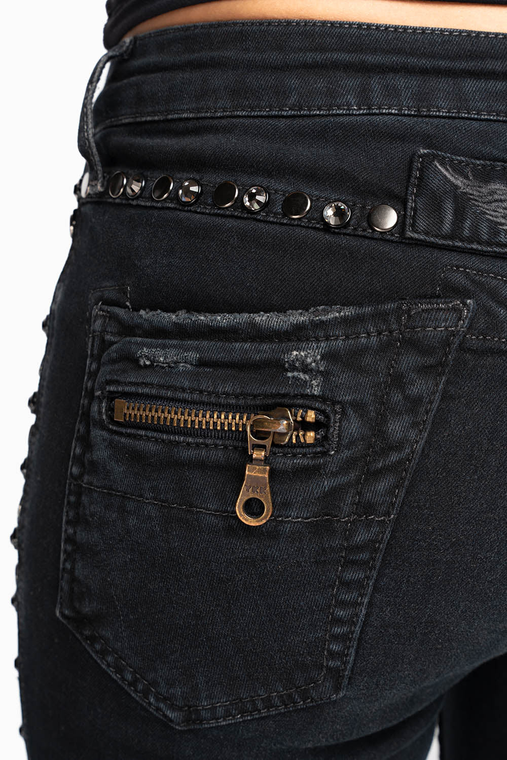 ROBIN'S BIKER WOMENS JEANS IN BROKEN EBONY BLACK EMBELLISHED WITH STUDS AND CRYSTALS