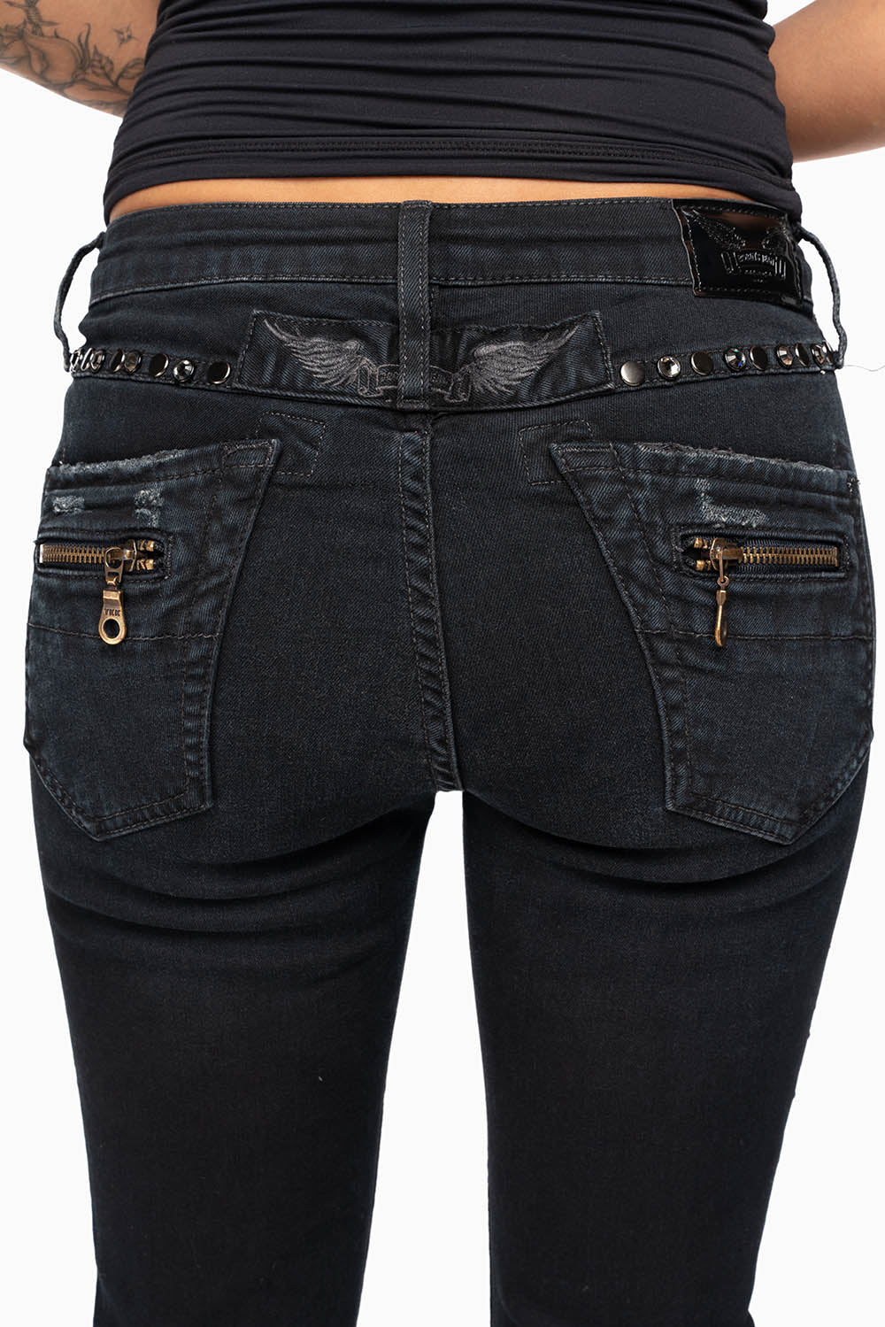 ROBIN'S BIKER WOMENS JEANS IN BROKEN EBONY BLACK EMBELLISHED WITH STUDS AND CRYSTALS
