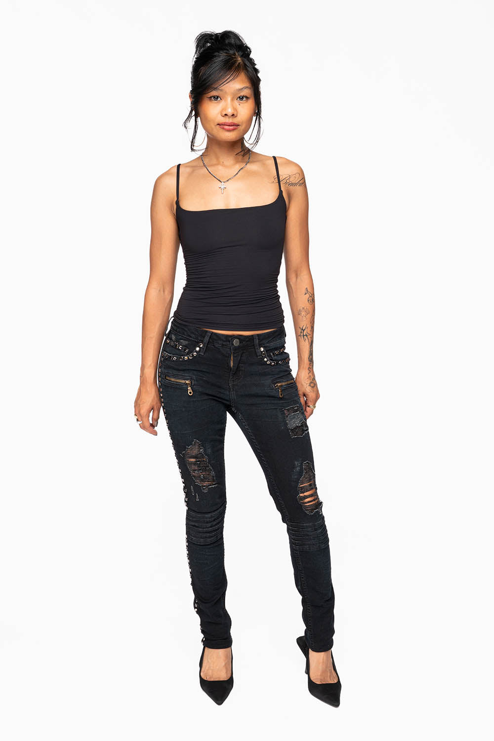 ROBIN'S BIKER WOMENS JEANS IN BROKEN EBONY BLACK EMBELLISHED WITH STUDS AND CRYSTALS