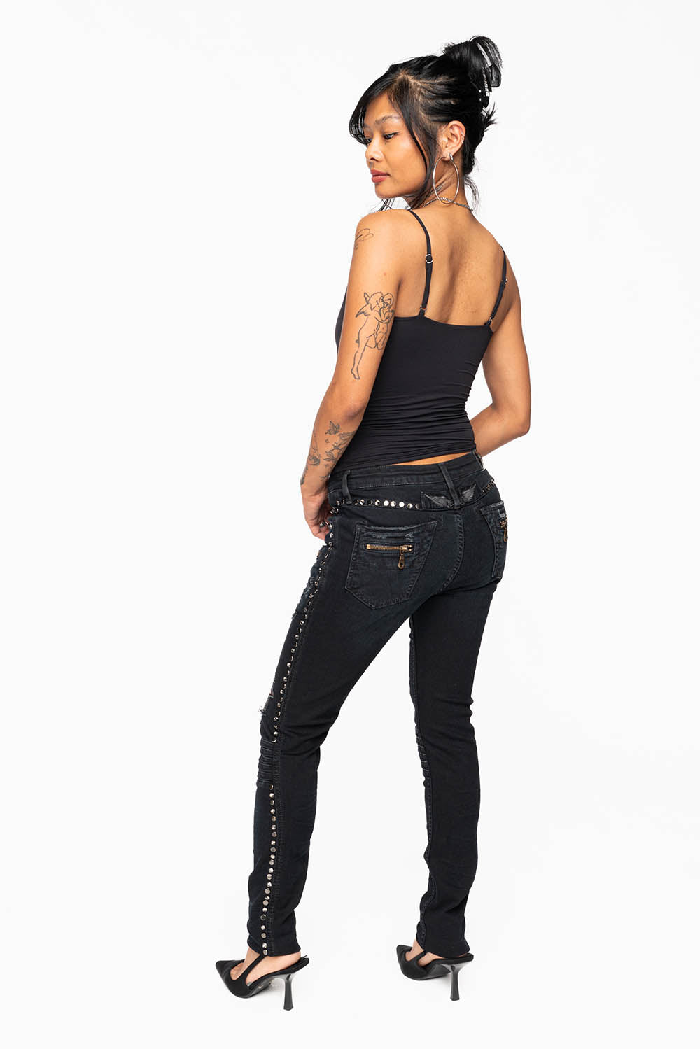 ROBIN'S BIKER WOMENS JEANS IN BROKEN EBONY BLACK EMBELLISHED WITH STUDS AND CRYSTALS