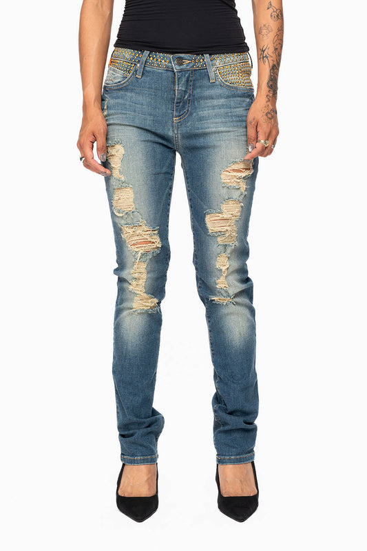 ROBIN’S WOMEN MID RISE STRAIGHT JEAN IN SUPER BROKEN MEDIUM WASH EMBELLISHED WITH GOLD STUDS & CRYSTALS