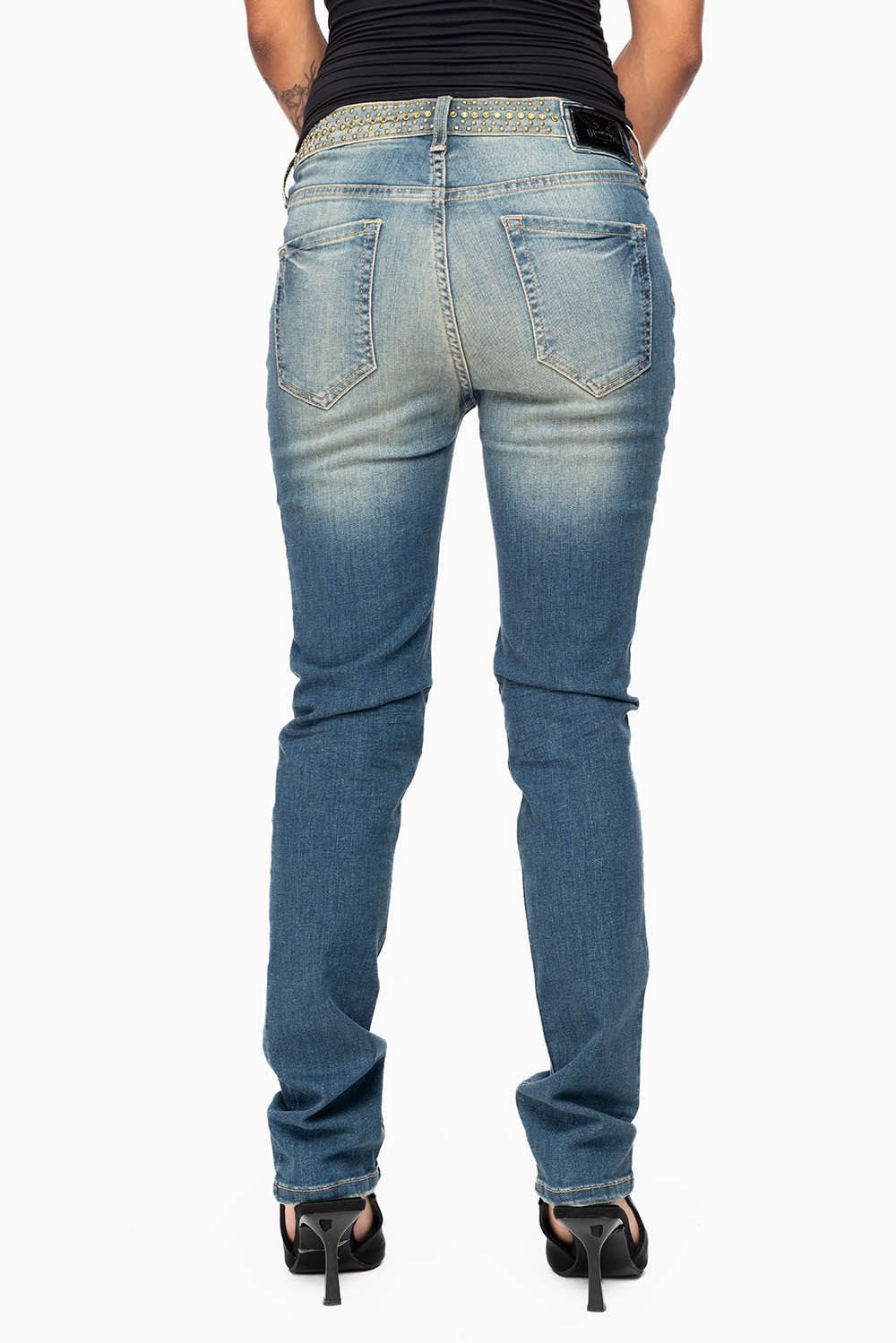 ROBIN’S WOMEN MID RISE STRAIGHT JEAN IN SUPER BROKEN MEDIUM WASH EMBELLISHED WITH GOLD STUDS & CRYSTALS