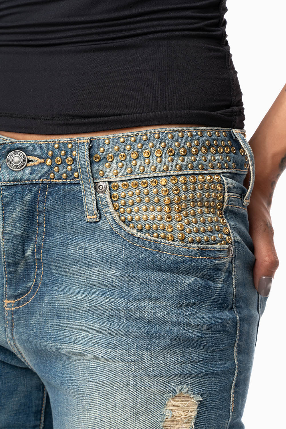 ROBIN’S WOMEN MID RISE STRAIGHT JEAN IN SUPER BROKEN MEDIUM WASH EMBELLISHED WITH GOLD STUDS & CRYSTALS