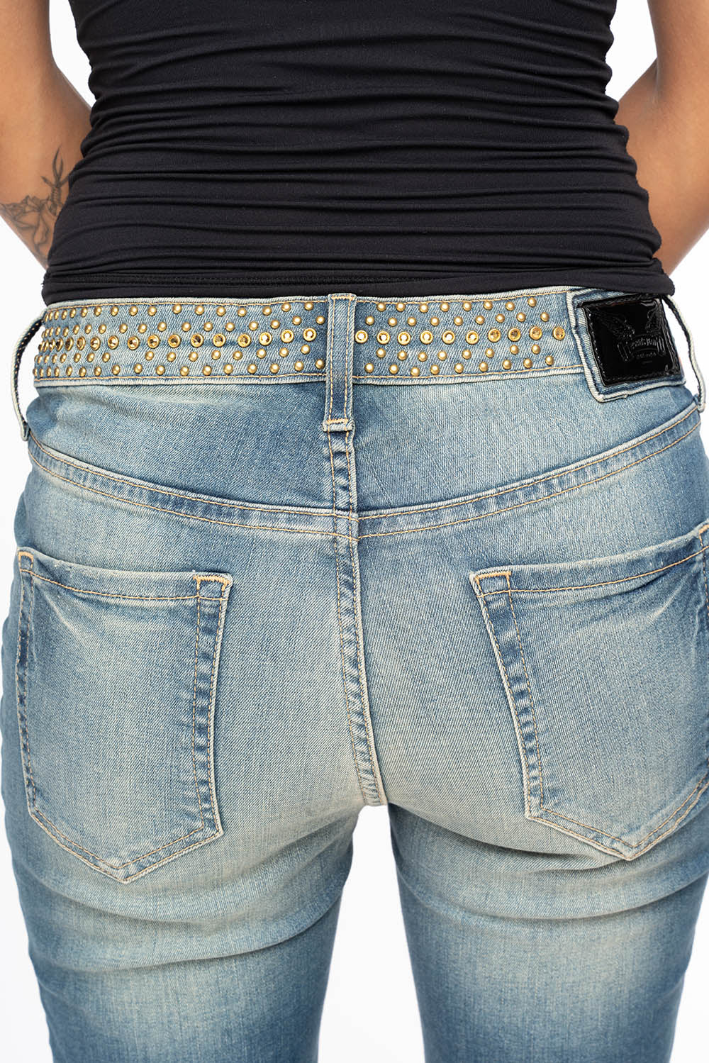 ROBIN’S WOMEN MID RISE STRAIGHT JEAN IN SUPER BROKEN MEDIUM WASH EMBELLISHED WITH GOLD STUDS & CRYSTALS