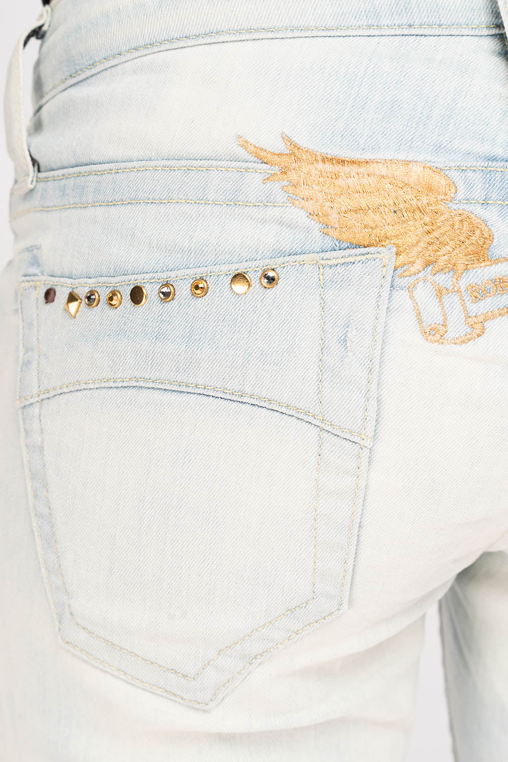 WOMENS RIPPED SKINNY CAPRI PANTS IN NICOLE LIGHT BROKEN REPAIRED WASH WITH STUDS AND CRYSTALS