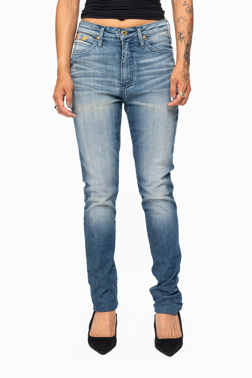 ROBIN'S MIDRISE WOMENS SKINNY JEANS IN LEYTON MEDIUM WASH EMBELLISHED WITH CRYSTALS