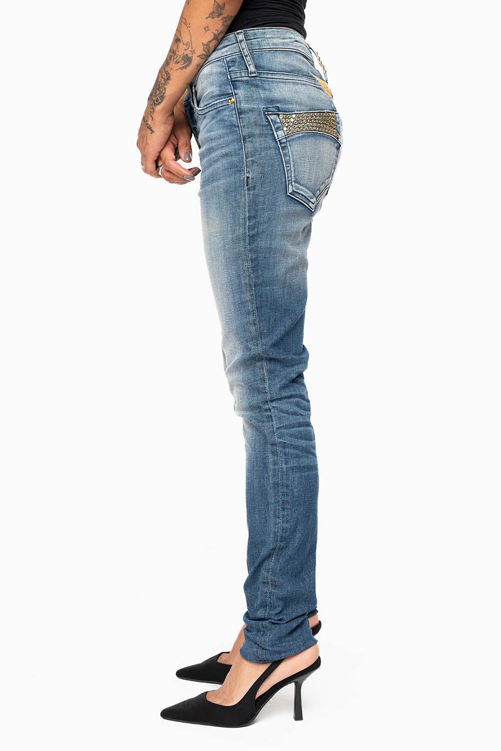 ROBIN'S MIDRISE WOMENS SKINNY JEANS IN LEYTON MEDIUM WASH EMBELLISHED WITH CRYSTALS