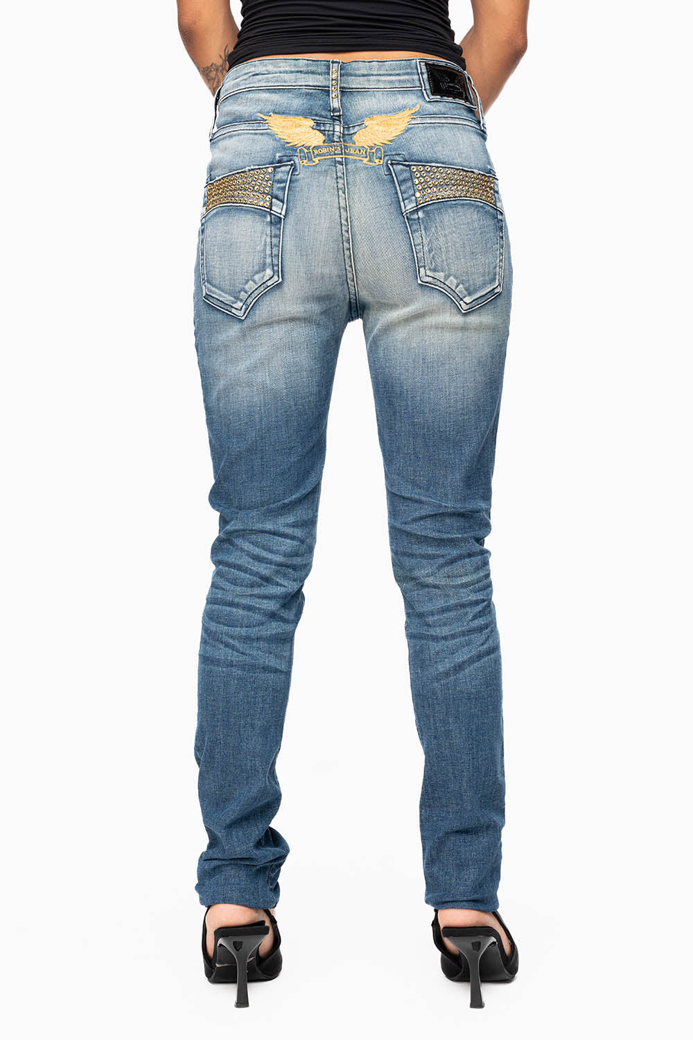 ROBIN'S MIDRISE WOMENS SKINNY JEANS IN LEYTON MEDIUM WASH EMBELLISHED WITH CRYSTALS
