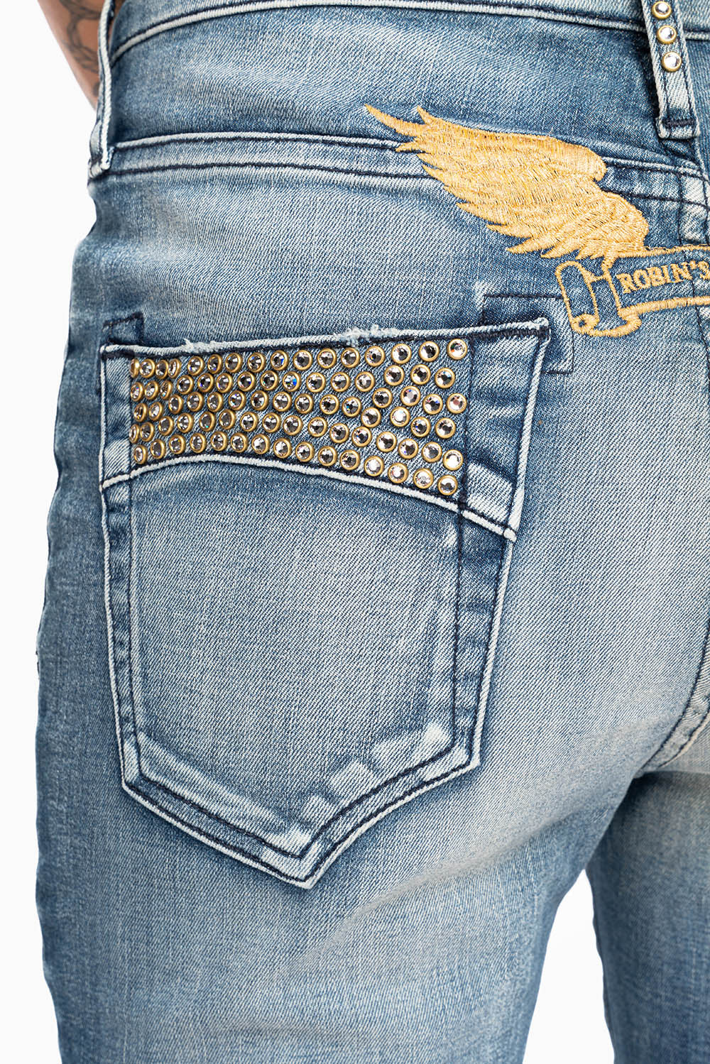 ROBIN'S MIDRISE WOMENS SKINNY JEANS IN LEYTON MEDIUM WASH EMBELLISHED WITH CRYSTALS