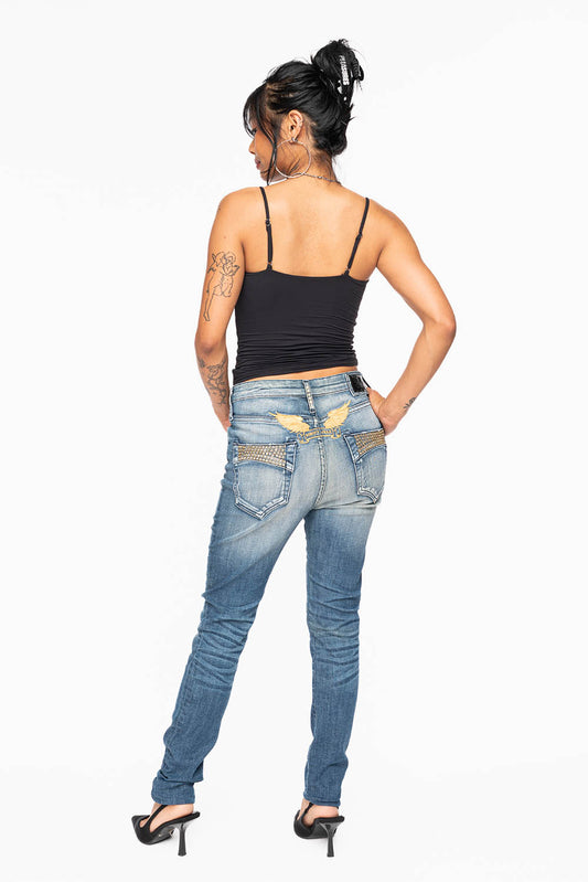 ROBIN'S MIDRISE WOMENS SKINNY JEANS IN LEYTON MEDIUM WASH EMBELLISHED WITH CRYSTALS