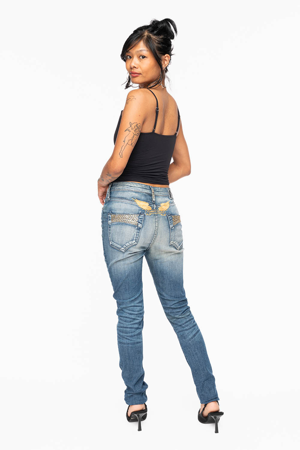 ROBIN'S MIDRISE WOMENS SKINNY JEANS IN LEYTON MEDIUM WASH EMBELLISHED WITH CRYSTALS