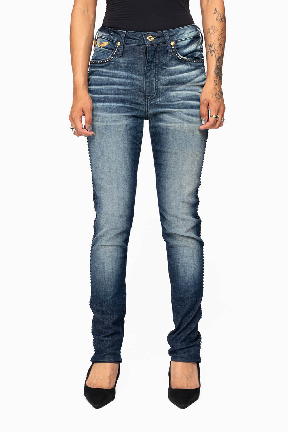 ROBIN'S MIDRISE WOMENS SKINNY JEANS IN LIBERTY DARK WASH EMBELLISHED WITH CRYSTALS