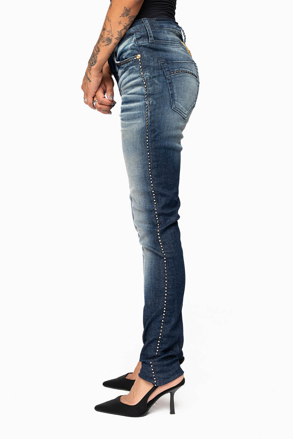 ROBIN'S MIDRISE WOMENS SKINNY JEANS IN LIBERTY DARK WASH EMBELLISHED WITH CRYSTALS