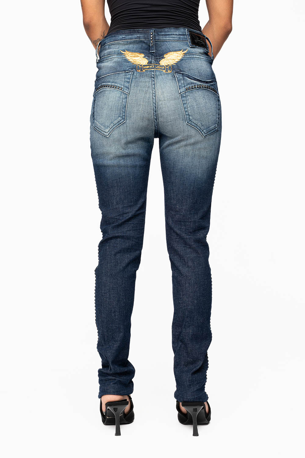 ROBIN'S MIDRISE WOMENS SKINNY JEANS IN LIBERTY DARK WASH EMBELLISHED WITH CRYSTALS