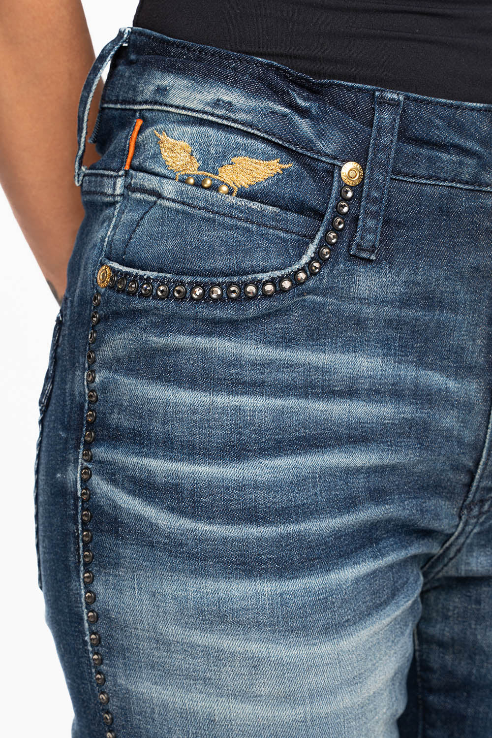 ROBIN'S MIDRISE WOMENS SKINNY JEANS IN LIBERTY DARK WASH EMBELLISHED WITH CRYSTALS