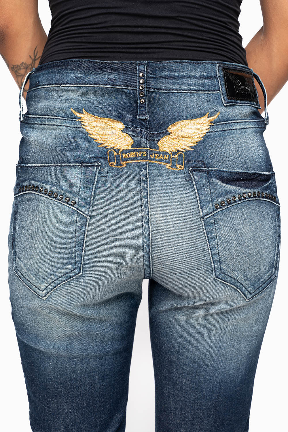 ROBIN'S MIDRISE WOMENS SKINNY JEANS IN LIBERTY DARK WASH EMBELLISHED WITH CRYSTALS