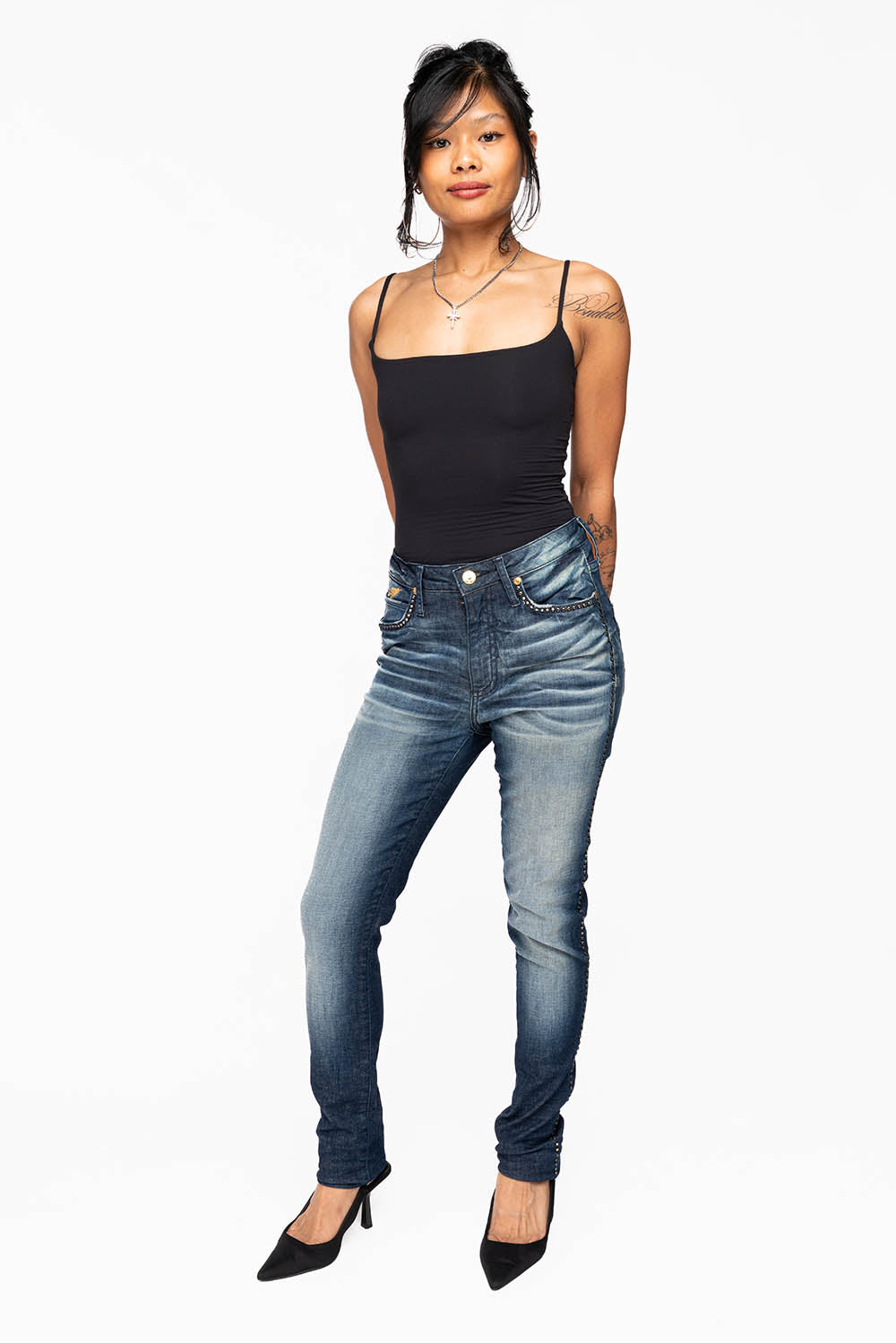 ROBIN'S MIDRISE WOMENS SKINNY JEANS IN LIBERTY DARK WASH EMBELLISHED WITH CRYSTALS
