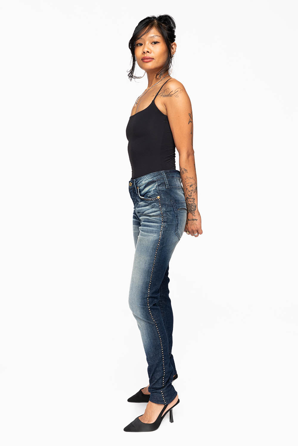 ROBIN'S MIDRISE WOMENS SKINNY JEANS IN LIBERTY DARK WASH EMBELLISHED WITH CRYSTALS