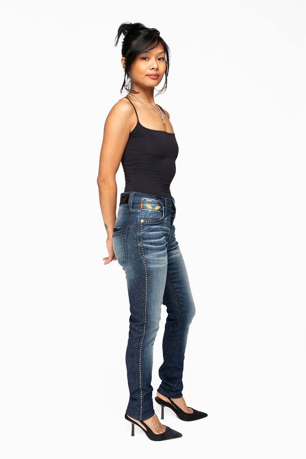 ROBIN'S MIDRISE WOMENS SKINNY JEANS IN LIBERTY DARK WASH EMBELLISHED WITH CRYSTALS