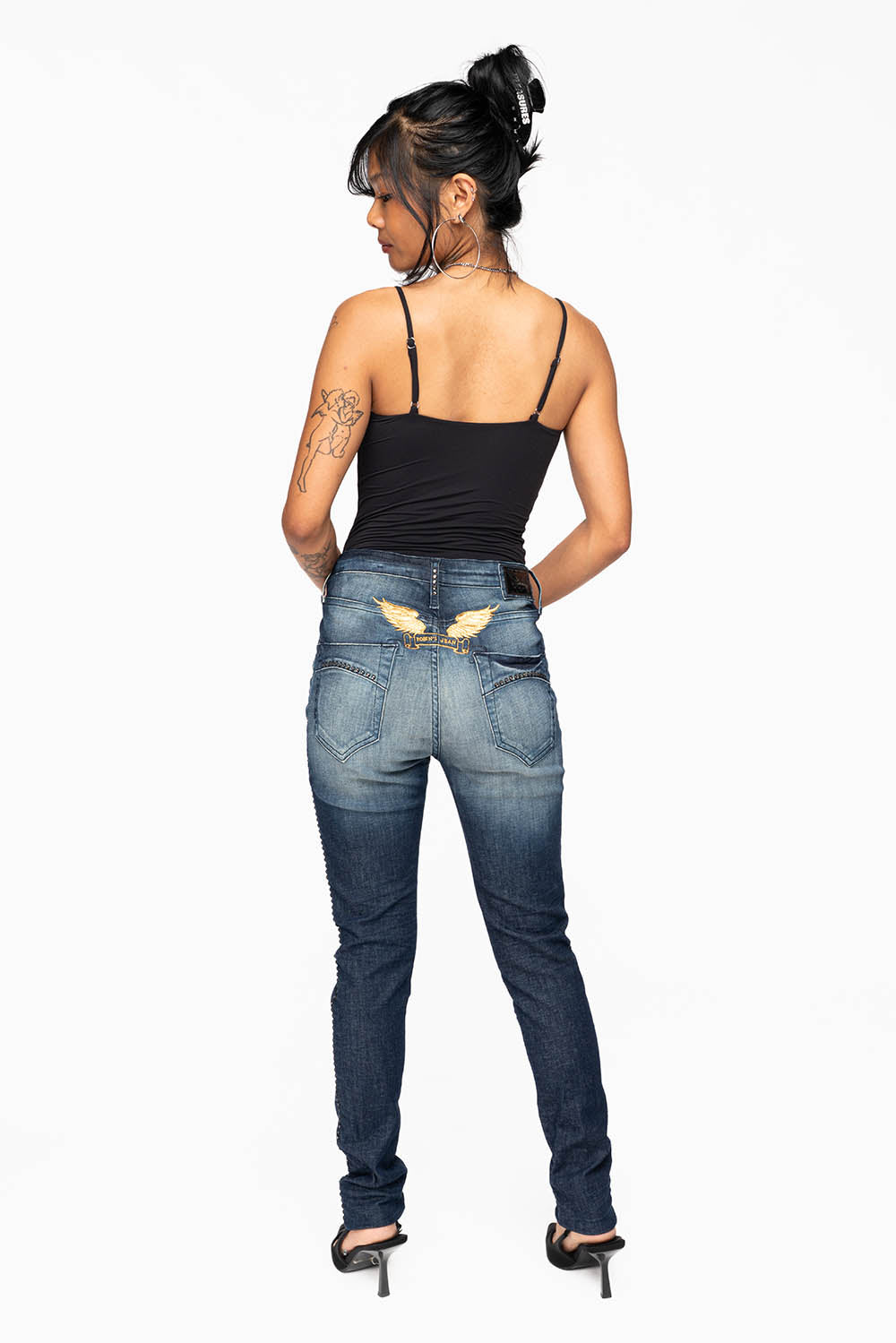 ROBIN'S MIDRISE WOMENS SKINNY JEANS IN LIBERTY DARK WASH EMBELLISHED WITH CRYSTALS