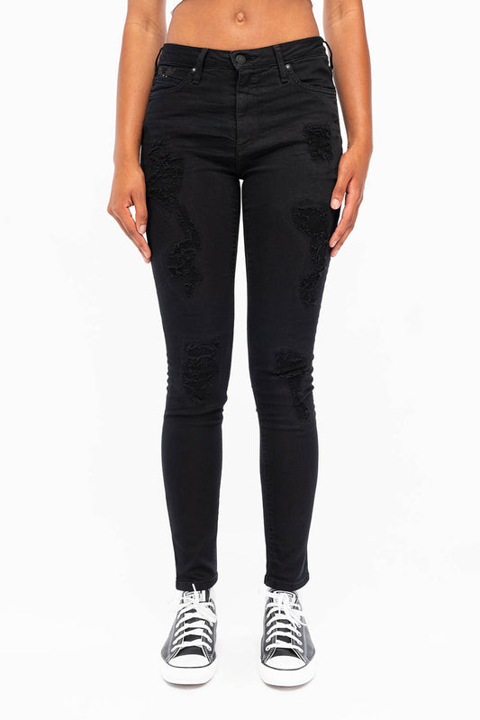 MIDRISE WOMENS SKINNY JEANS IN OVERDYE BLACK