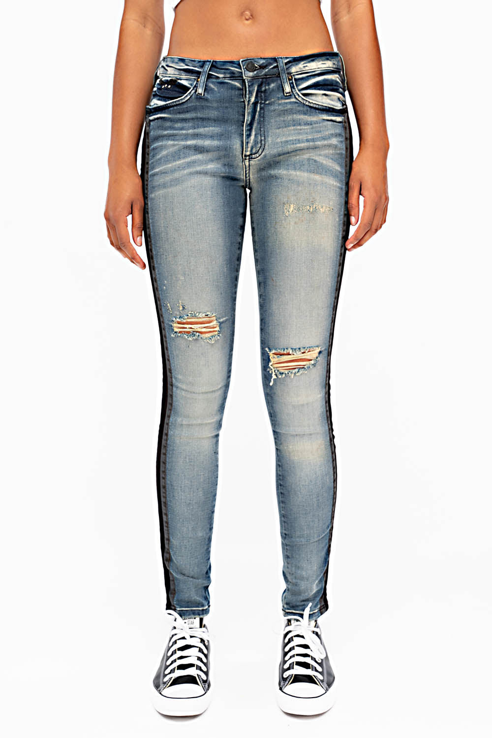 MID RISE WOMENS SKINNY BLUE JEANS WITH BLACK STRIPES