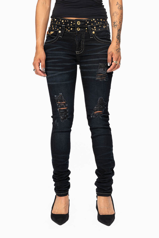 ROBIN'S DOUBLE WAIST SKINNY JEAN IN EBONY BROKEN BLACK WASH WITH CRYSTALS, SPIKES & NAILHEADS