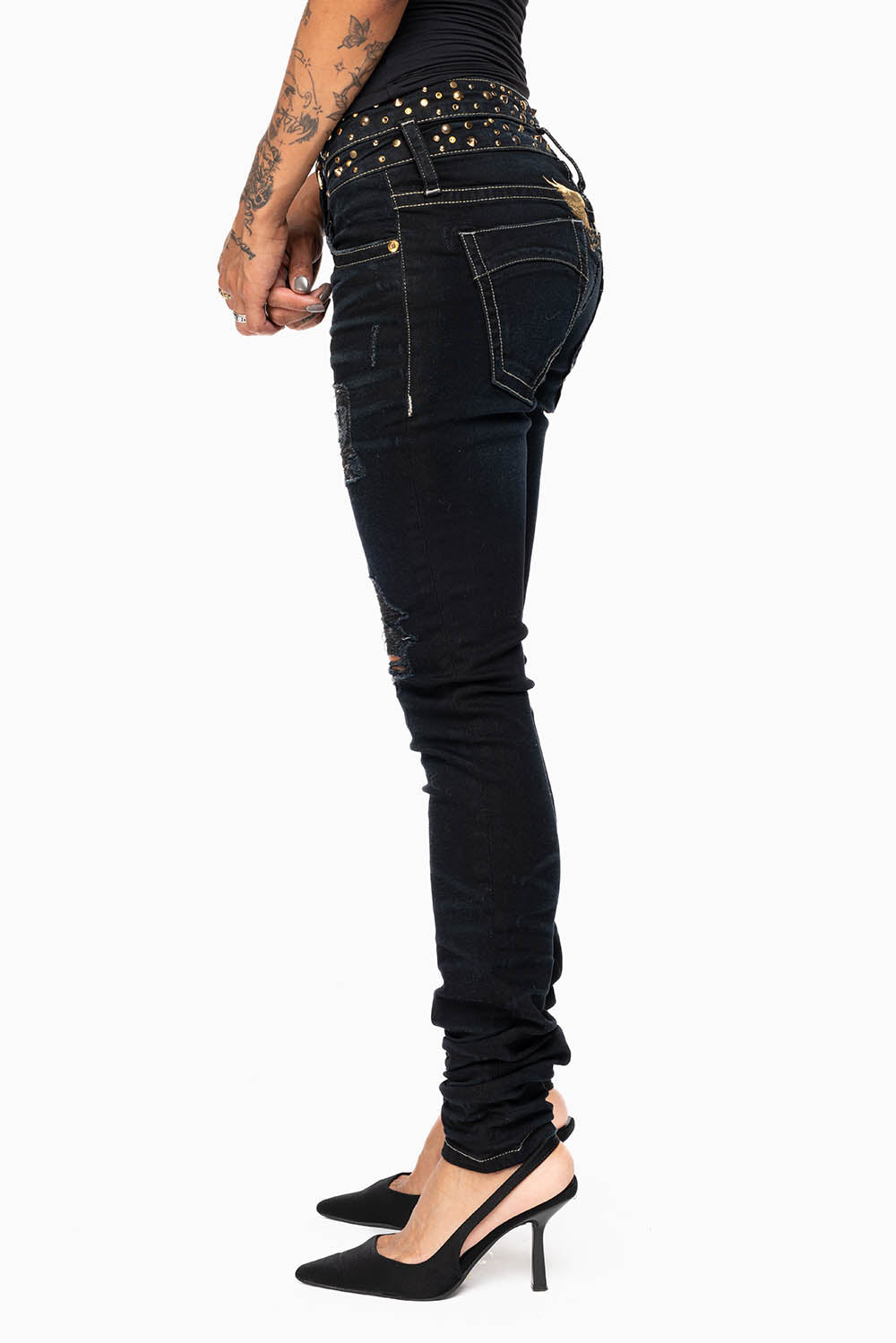 ROBIN'S DOUBLE WAIST SKINNY JEAN IN EBONY BROKEN BLACK WASH WITH CRYSTALS, SPIKES & NAILHEADS
