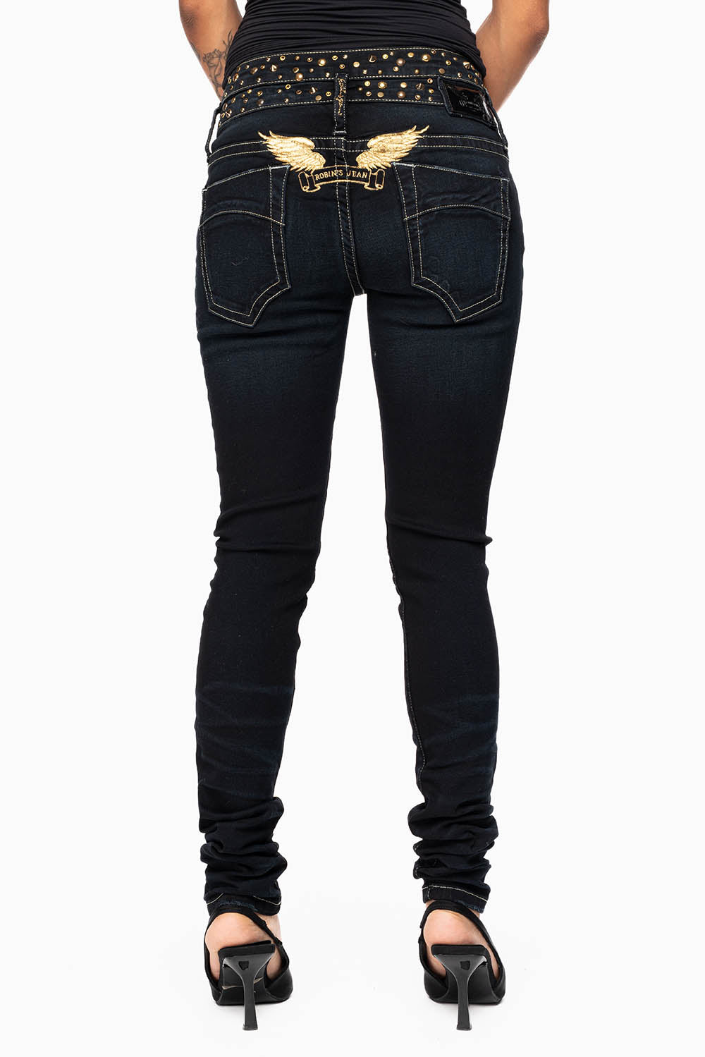 ROBIN'S DOUBLE WAIST SKINNY JEAN IN EBONY BROKEN BLACK WASH WITH CRYSTALS, SPIKES & NAILHEADS