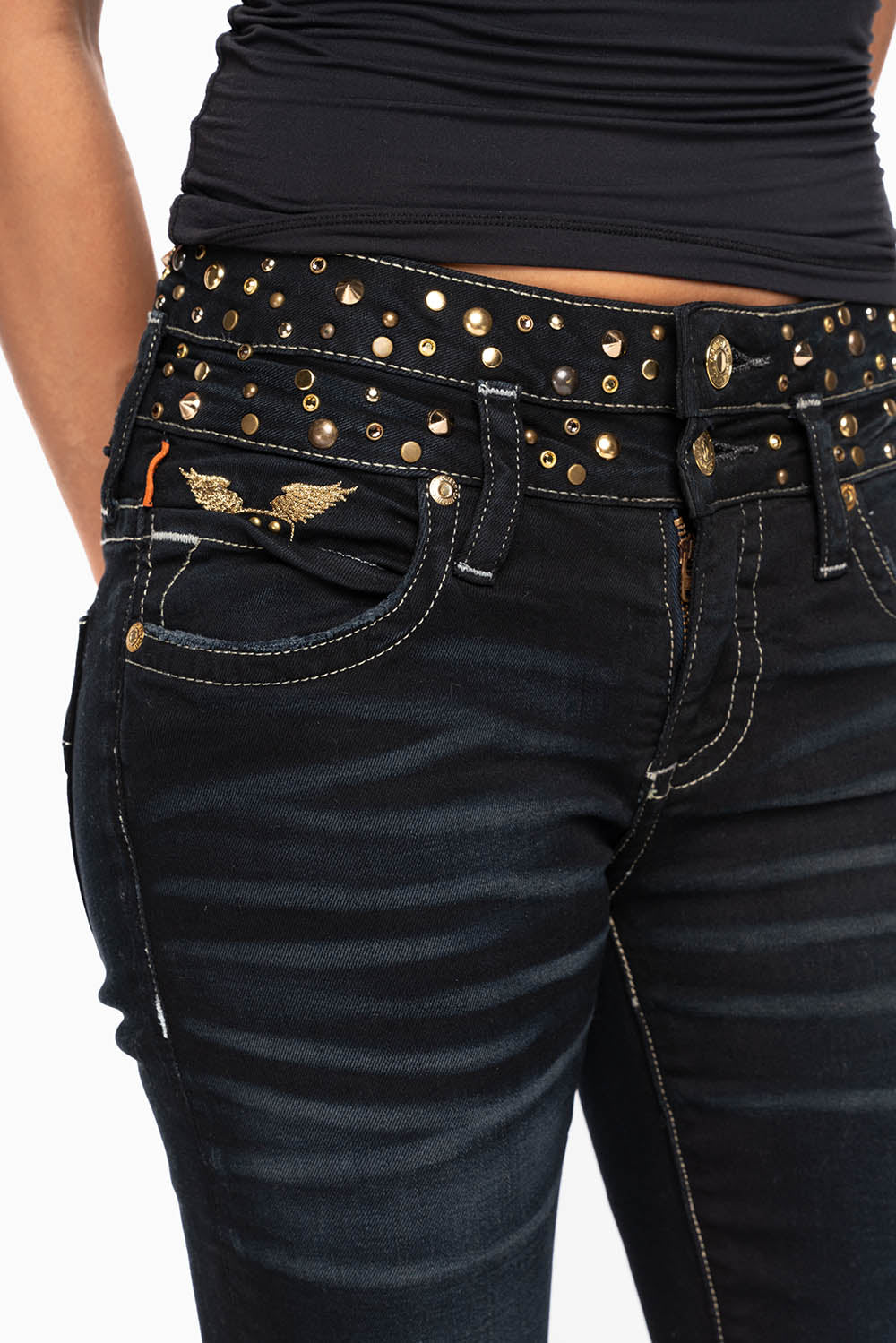 ROBIN'S DOUBLE WAIST SKINNY JEAN IN EBONY BROKEN BLACK WASH WITH CRYSTALS, SPIKES & NAILHEADS