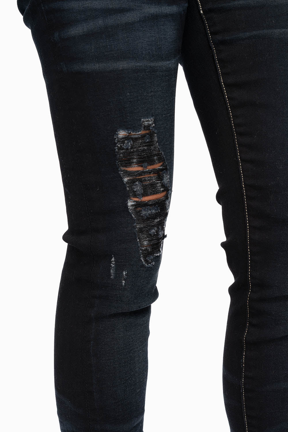 ROBIN'S DOUBLE WAIST SKINNY JEAN IN EBONY BROKEN BLACK WASH WITH CRYSTALS, SPIKES & NAILHEADS